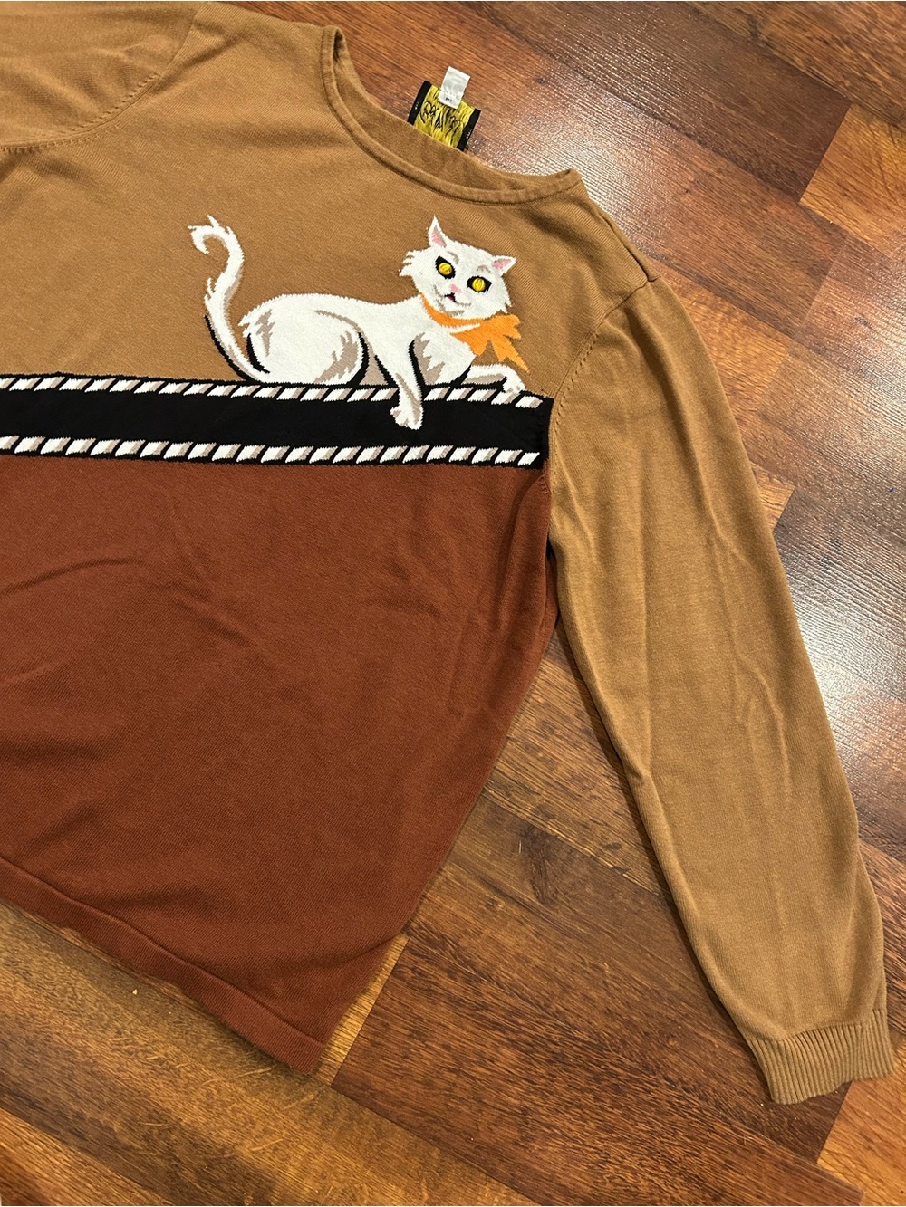 Bob Mackie Wearable Art Cat Sweater Jewel Eyes Womens Size Large Brown - Picture 2 of 7